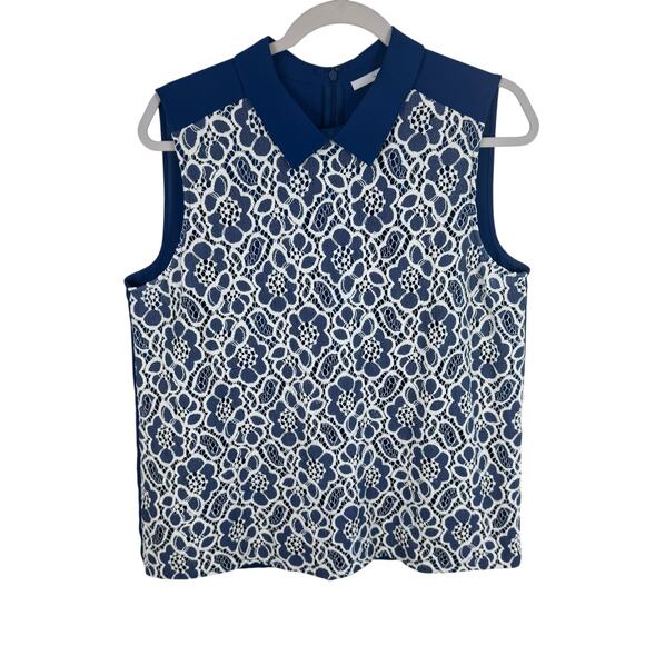 Halogen Blue Lightweight Sleeveless Collared Blouse White Lace Size L - Picture 1 of 6